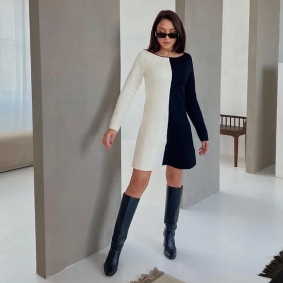 Zara Black White Contrast Knit Mini Dress - Picture 1 of 8